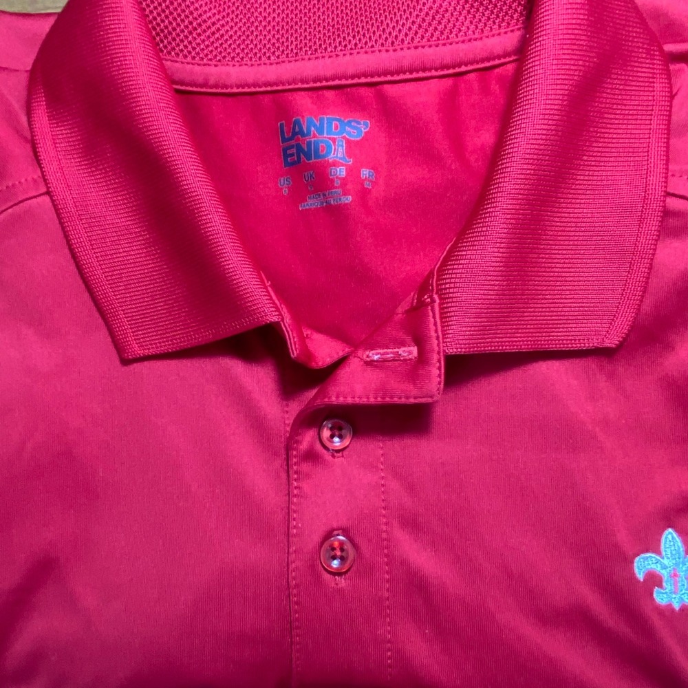 Lands End Mens Small‎ Red Performance Polo Shirt Fleur De Lis Cross Short Slv S